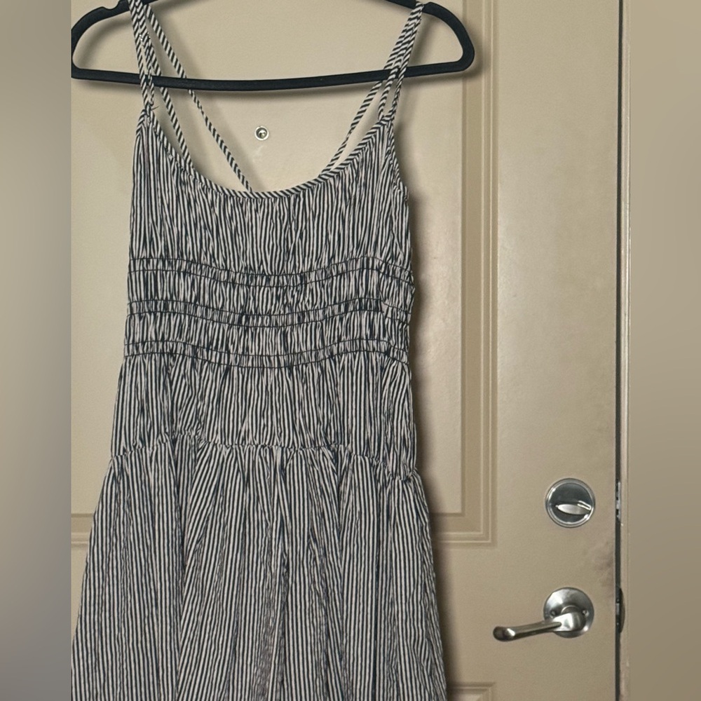 Elan Drop Waist Black and White Striped Maxi Dress